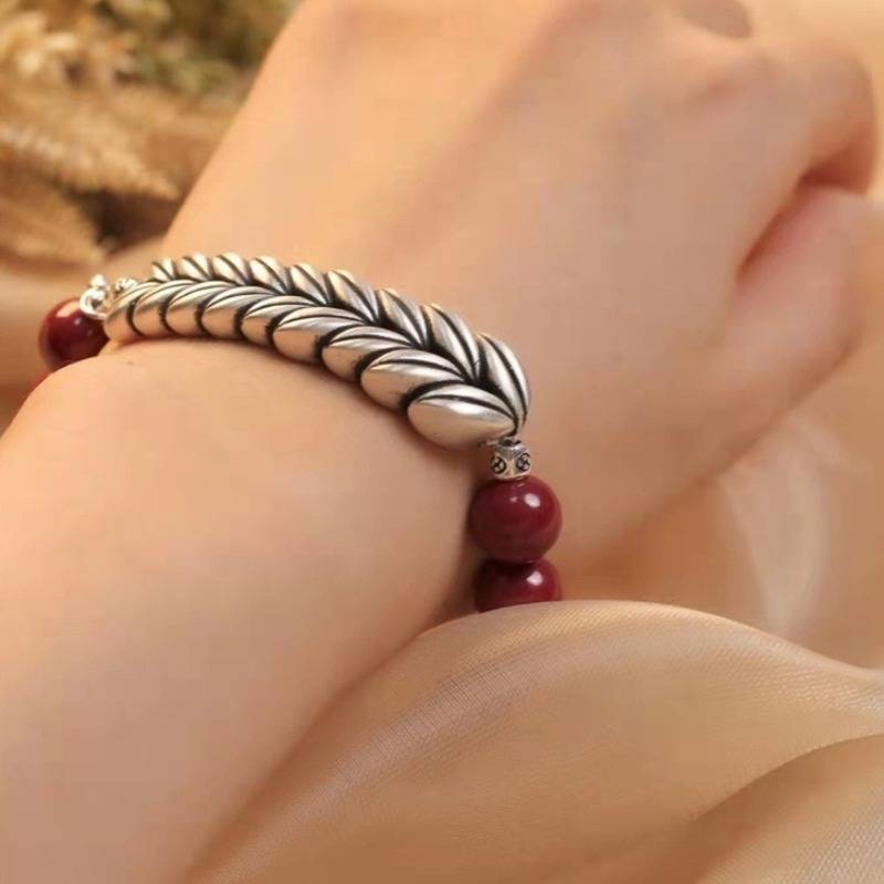 Abundant Harvest Wheat Sheaf Cinnabar Bracelet - Protection &amp; Prosperity - on-wrist wearing shot