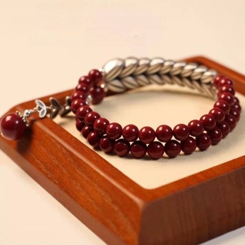 Abundant Harvest Wheat Sheaf Cinnabar Bracelet - Protection &amp; Prosperity -  prop-styled shot focus on main beads