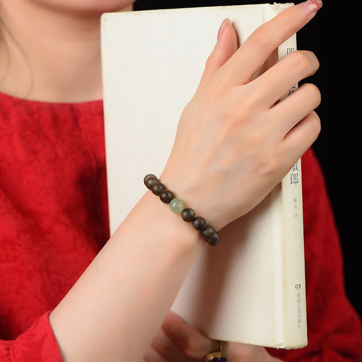 Agarwood &amp; Lotus Blossom Nephrite Jade Bracelet - Harmony &amp; Purity - on-wrist shot