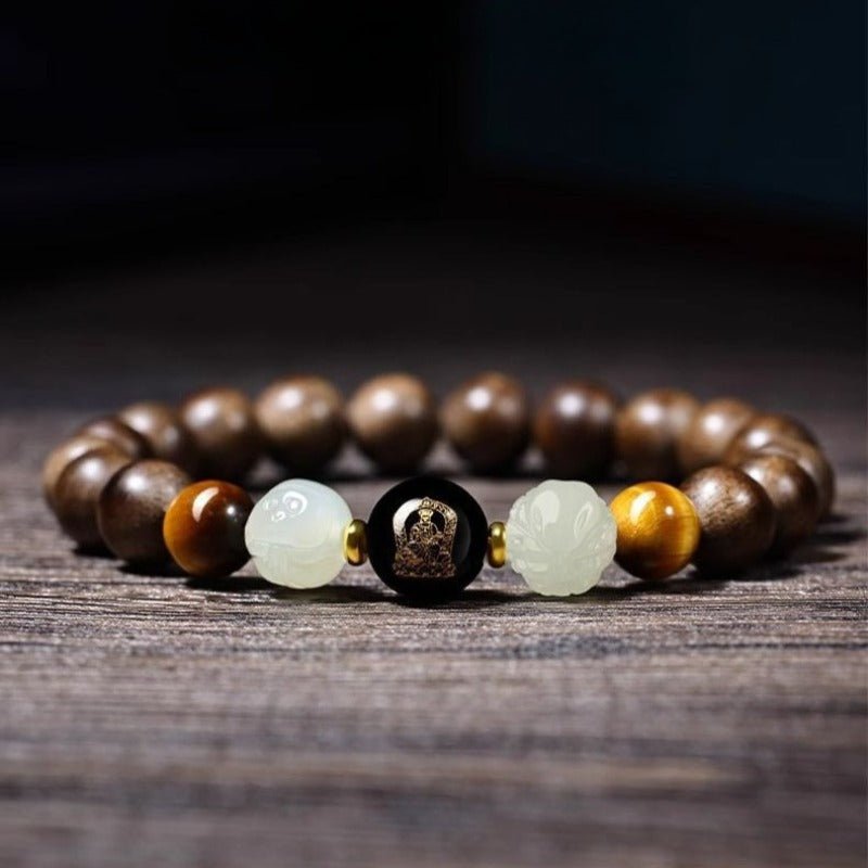 Agarwood Six Combinations &amp; Guardian Buddha Bracelet - Luck, Favor &amp; Fortune - front view of main beads