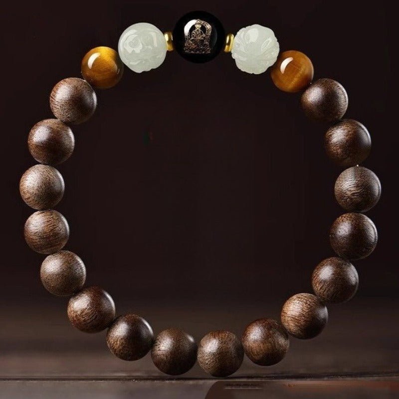 Agarwood Six Combinations & Guardian Buddha Bracelet - Luck, Favor & Fortune - front view