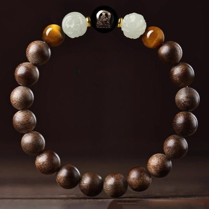 Agarwood Six Combinations &amp; Guardian Buddha Bracelet - Luck, Favor &amp; Fortune - front view