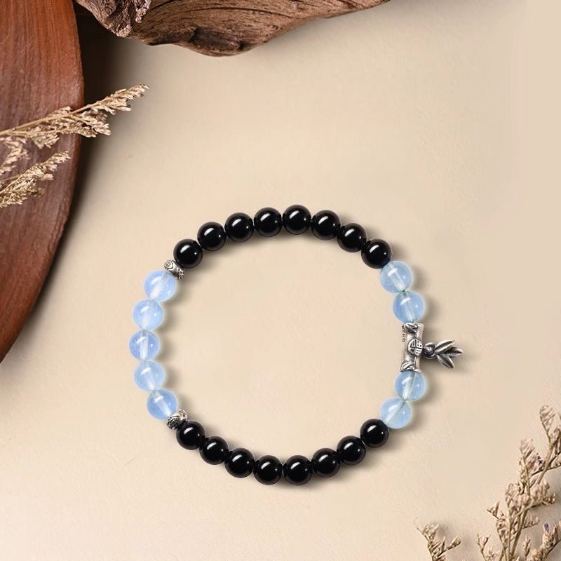 Aquamarine &amp; Obsidian Guardian Bracelet With Sterling Silver Bamboo - Staged shot of 8mm bead size bracelet