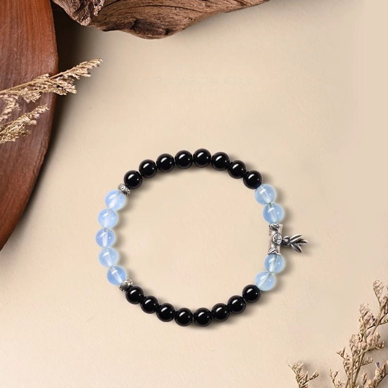 Aquamarine & Obsidian Guardian Bracelet With Sterling Silver Bamboo - Top view shot