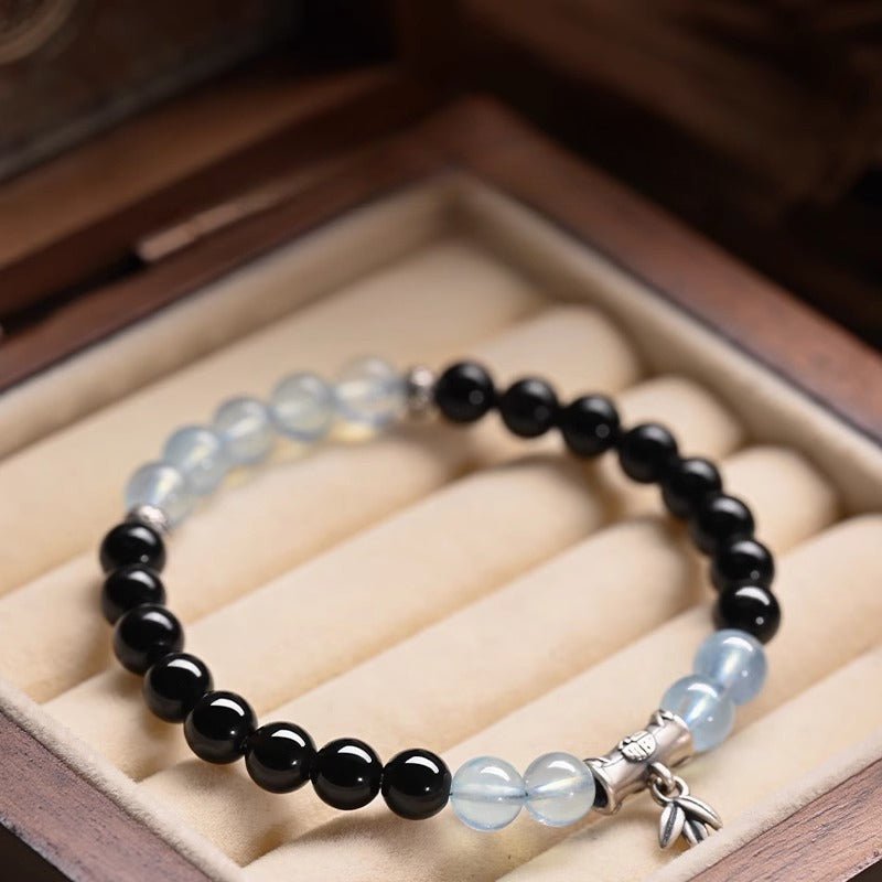 Aquamarine & Obsidian Guardian Bracelet With Sterling Silver Bamboo - Staged shot