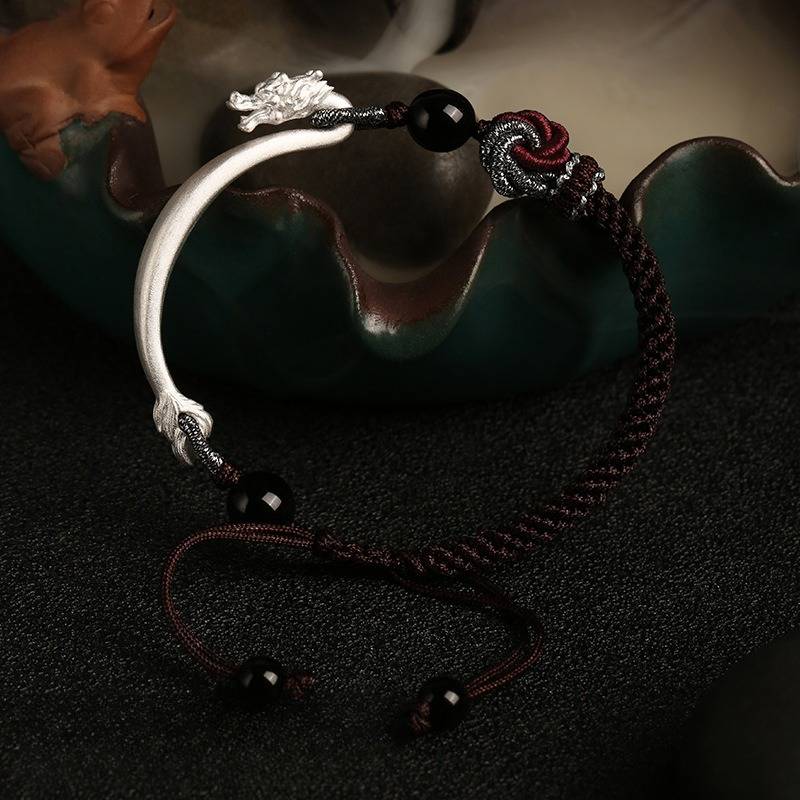 Auspicious Blessings Dragon Cuff Bracelet - Protection &amp; Harmony - Matte Silver