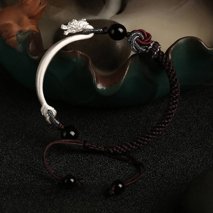 Auspicious Blessings Dragon Cuff Bracelet - Protection &amp; Harmony - Matte Silver