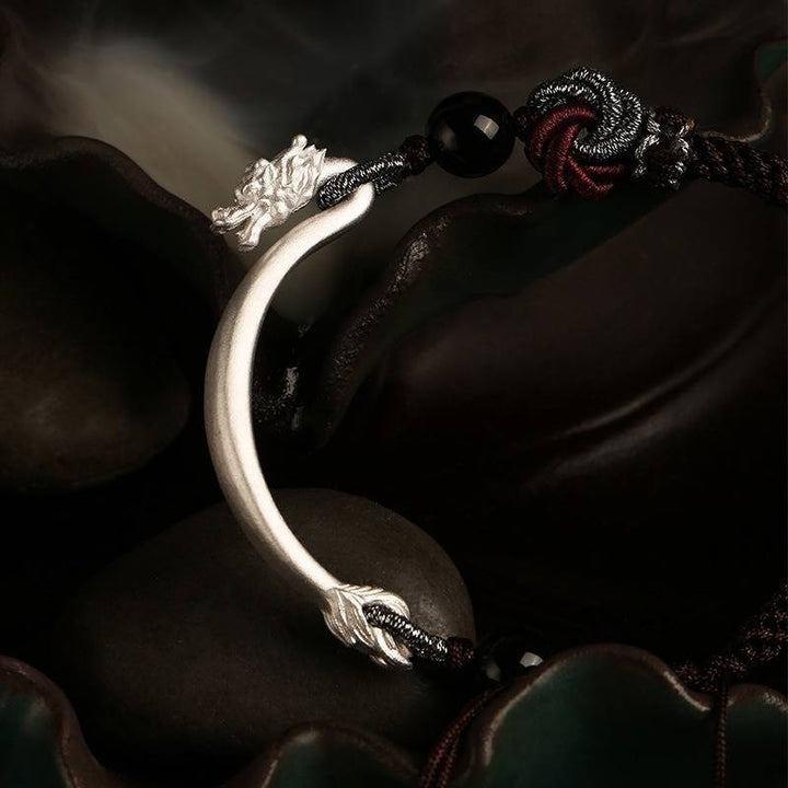 Auspicious Blessings Dragon Cuff Bracelet - Protection &amp; Harmony - close up of sliver dragon