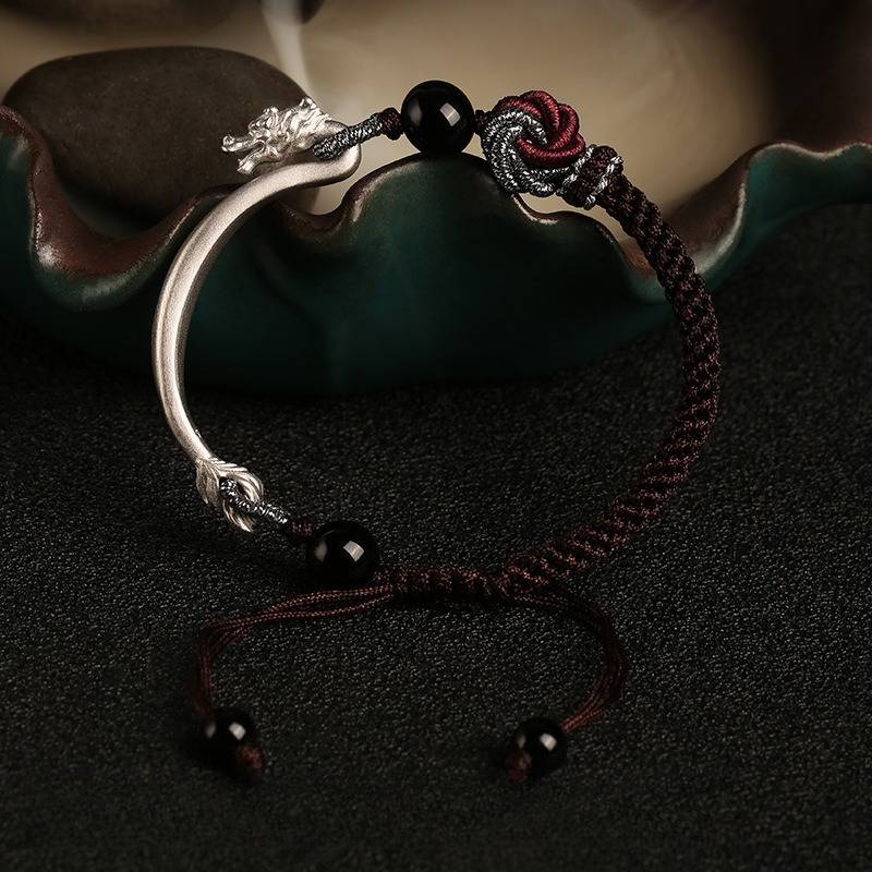 Auspicious Blessings Dragon Cuff Bracelet - Protection &amp; Harmony - Darkened Silver
