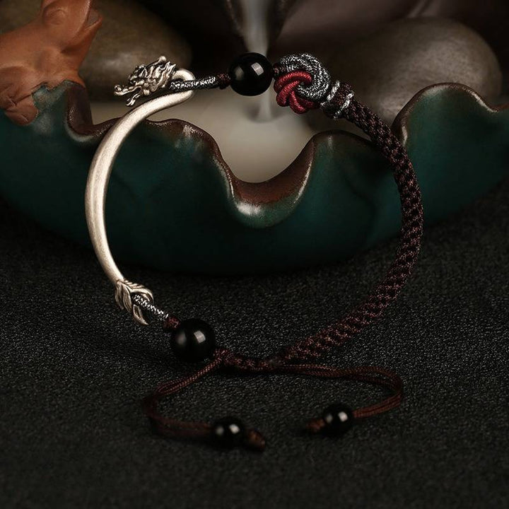 Auspicious Blessings Dragon Cuff Bracelet - Protection &amp; Harmony - Antiqued Silver