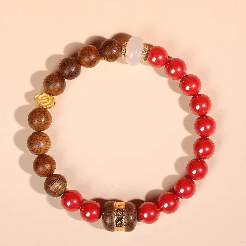 Auspicious Clouds &amp; Blessings Bracelet - Peace &amp; Good Fortune - staged shot with cinnabar and agarwood main beads