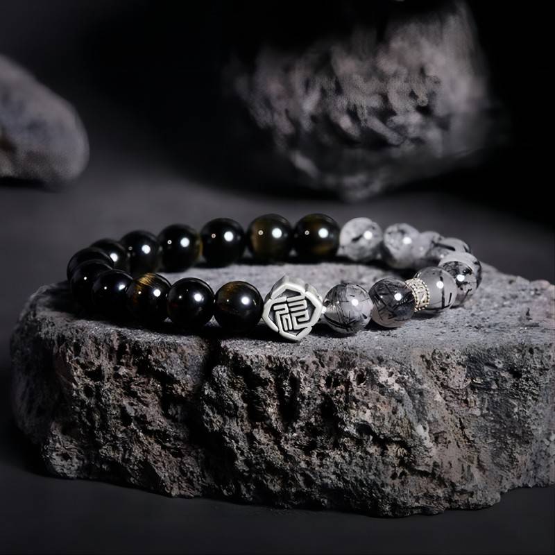Black Obsidian & Black Rutilated Quartz Bracelet  Protection • Grounding • Clarity - prop styled shot