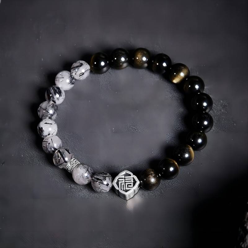 Black Obsidian & Black Rutilated Quartz Bracelet  Protection • Grounding • Clarity - top view stgaged shot