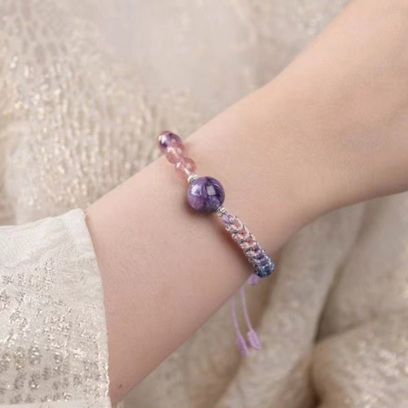 Calm Connection Braided Charm Bracelet - Good Fortune &amp; Harmony - On Wrist shot of strawberry quartz braid bracelet 1