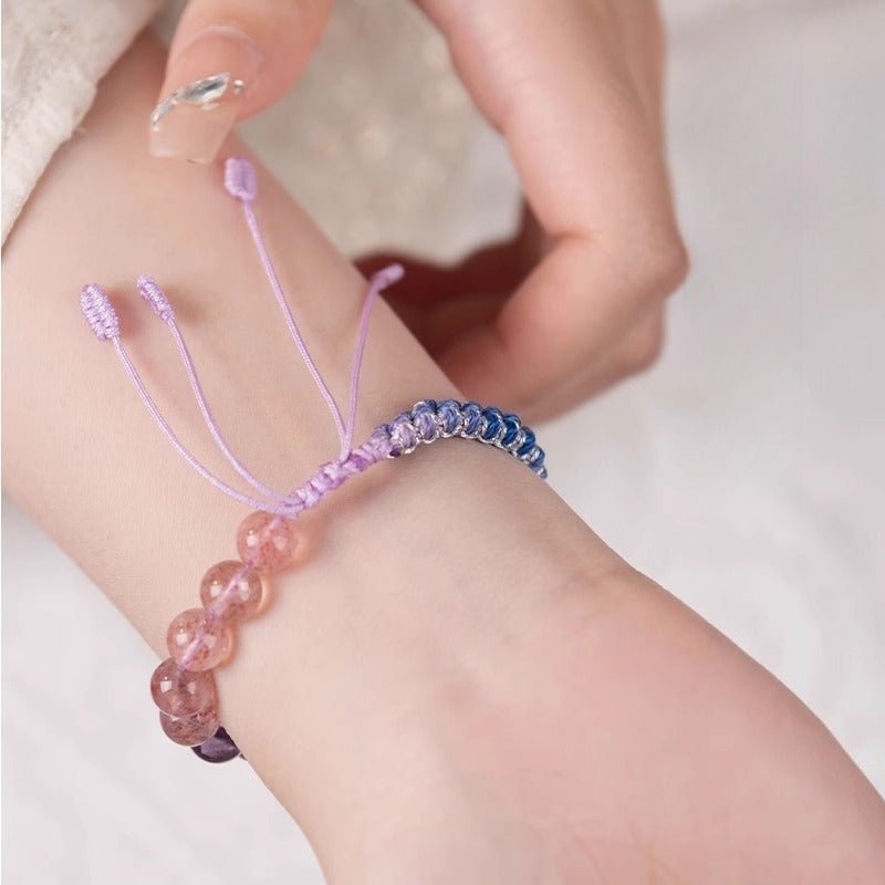 Calm Connection Braided Charm Bracelet - Good Fortune &amp; Harmony - On wrist shot of strawberry quartz braid bracelet