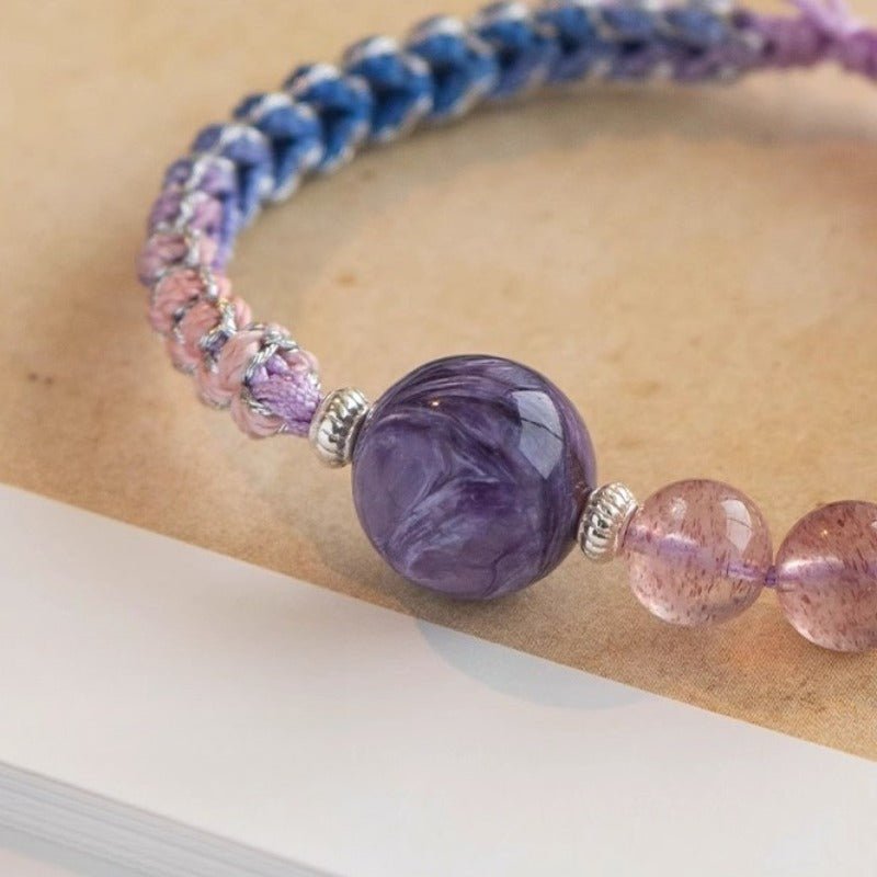 Calm Connection Braided Charm Bracelet - Good Fortune &amp; Harmony - Close up master bead shot of strawberry quartz braid bracelet