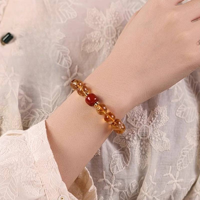 Citrine &amp; Red Agate Wealth Bracelet - Prosperity &amp; Positive Energy - Wearing display shot