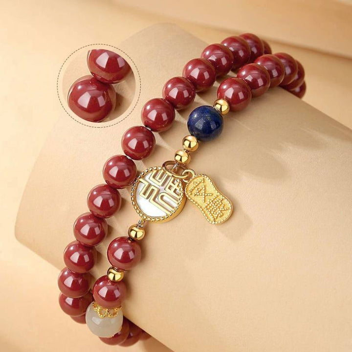 Double Loop Auspicious Blessing Cinnabar Bracelet - Harmony • Vitality • Protection - wearing display shot