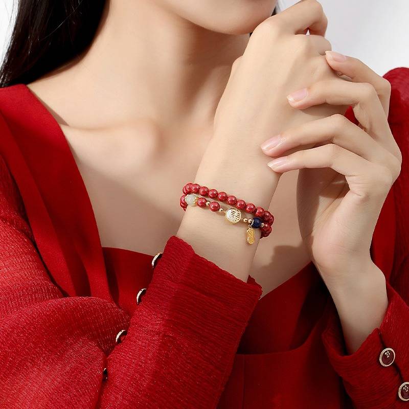 Double Loop Auspicious Blessing Cinnabar Bracelet - Harmony • Vitality • Protection - on-wrist shot