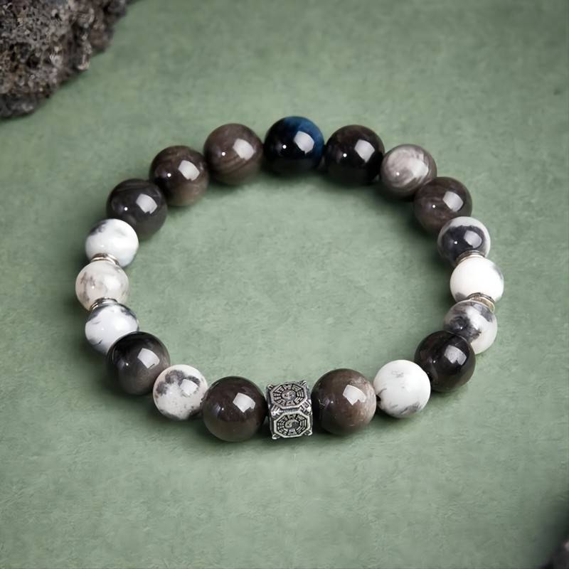 Feng Shui Yin Yang Bagua Charm Bracelet - stgaged shot with black obsidian and blue tiger eye beads