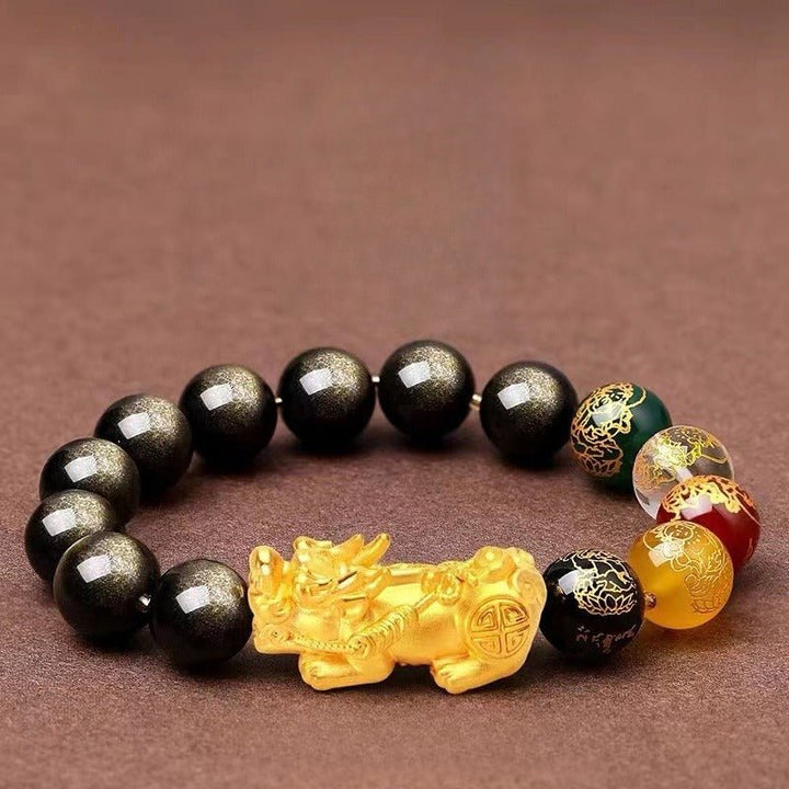 Five Wealth Deities &amp; Golden Pi Yao Bracelet - Calm &amp; Protection - front view shot
