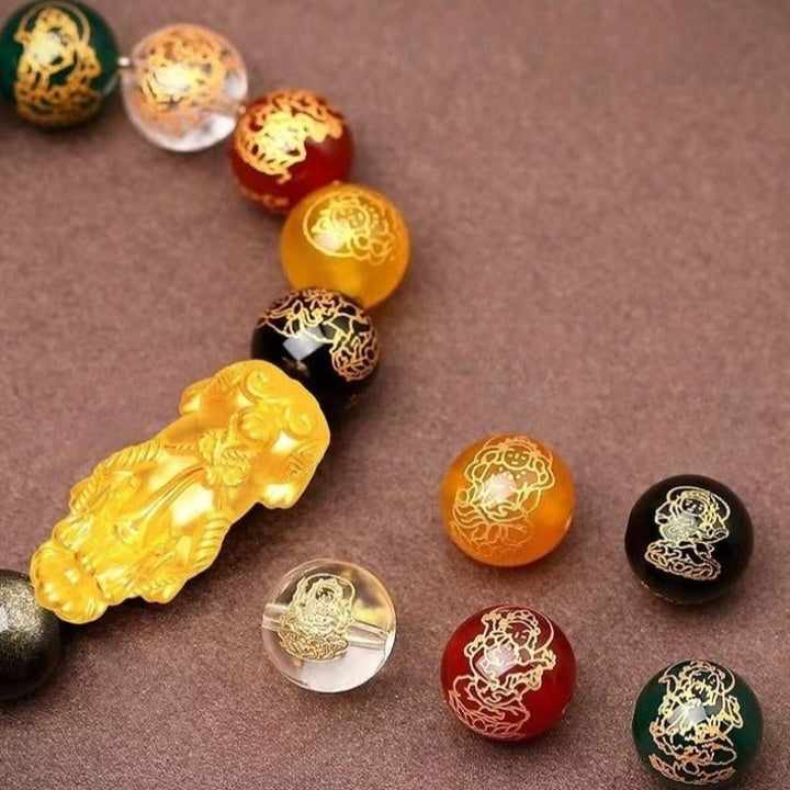 Five Wealth Deities &amp; Golden Pi Yao Bracelet - Calm &amp; Protection - close-up shot for master beads