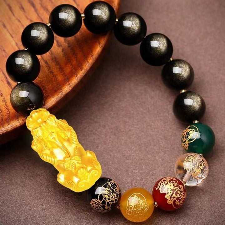 Five Wealth Deities &amp; Golden Pi Yao Bracelet - Calm &amp; Protection - close-up staged shot