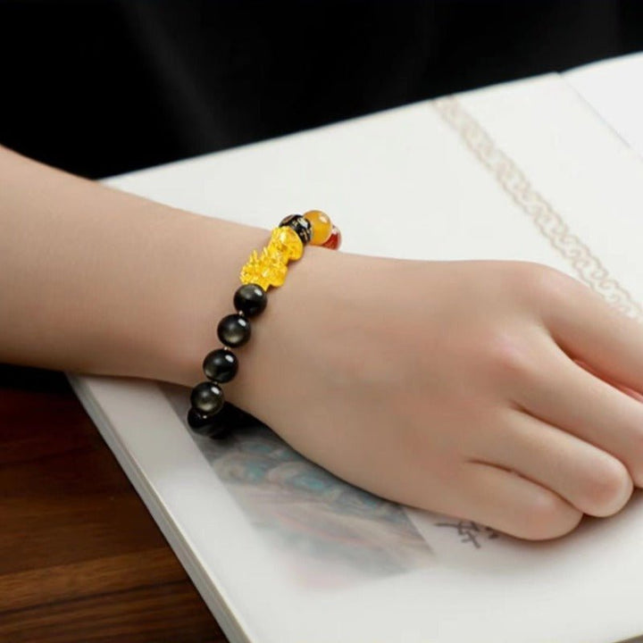 Five Wealth Deities &amp; Golden Pi Yao Bracelet - Calm &amp; Protection - on-wrist shot