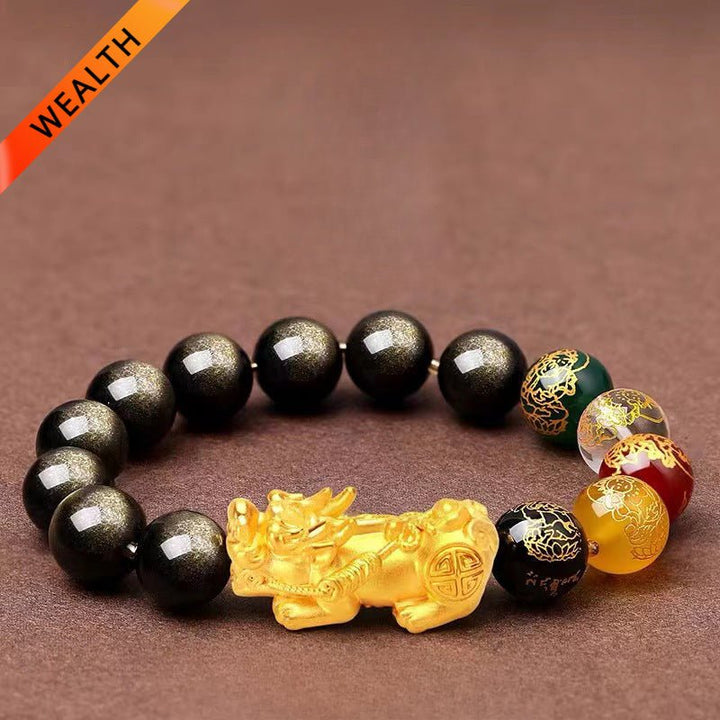 Five Wealth Deities &amp; Golden Pi Yao Bracelet - Calm &amp; Protection - 12mm Golden Velvet Pixiu