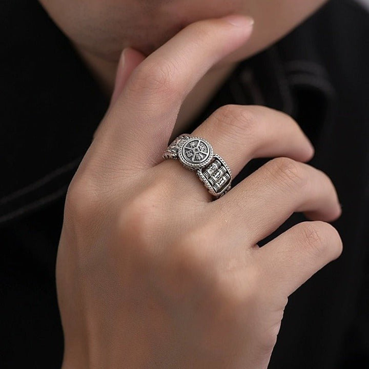 Fortune Spinner &amp; Prayer Wheels Adjustable Ring - Protection &amp; Flow - the sterling sliver ring wearing display