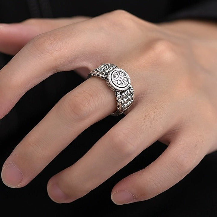 Fortune Spinner &amp; Prayer Wheels Adjustable Ring - Protection &amp; Flow - the sterling sliver ring worn on finger