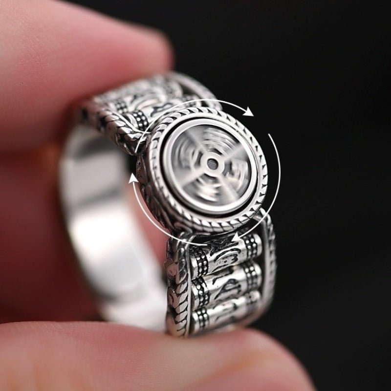 Fortune Spinner &amp; Prayer Wheels Adjustable Ring - Protection &amp; Flow - the sterling sliver ring show on hand