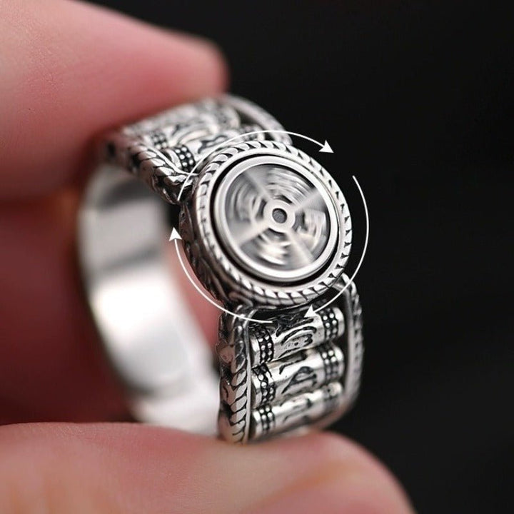 Fortune Spinner &amp; Prayer Wheels Adjustable Ring - Protection &amp; Flow - the sterling sliver ring show on hand
