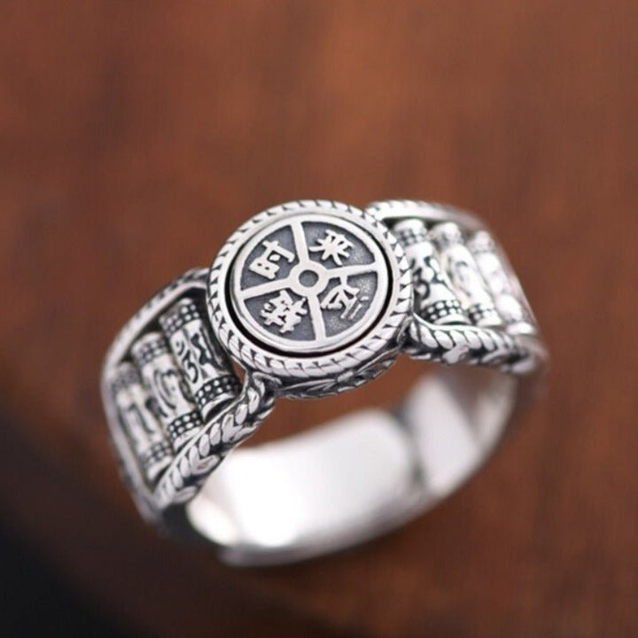 Fortune Spinner &amp; Prayer Wheels Adjustable Ring - Protection &amp; Flow - close up shot of sterling sliver ring&