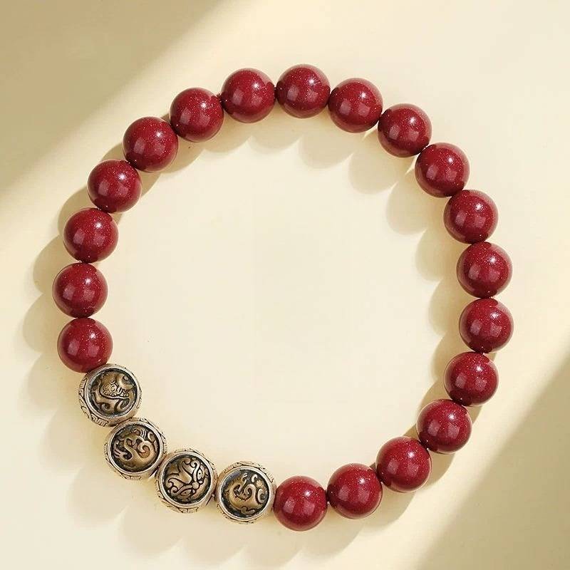 Four Celestial Beasts Protection Cinnabar Bracelet - Peace & Auspicious Fortune - top view staged shot
