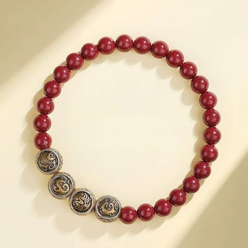 Four Celestial Beasts Protection Cinnabar Bracelet - Peace &amp; Auspicious Fortune - top view staged shot for 6mm bead size