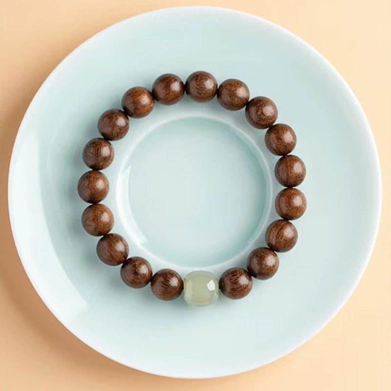 Golden Thread Sandalwood & Mutton Fat Nephrite Jade Bracelet - Protection & Good Fortune - top view shot