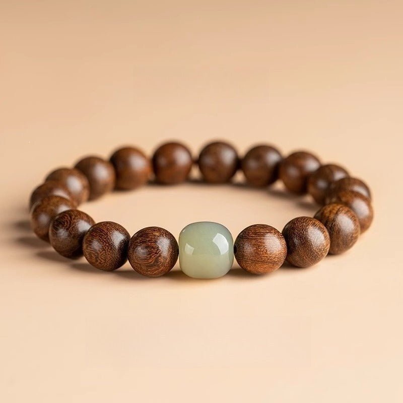 Golden Thread Sandalwood & Mutton Fat Nephrite Jade Bracelet - Protection & Good Fortune - front view shot