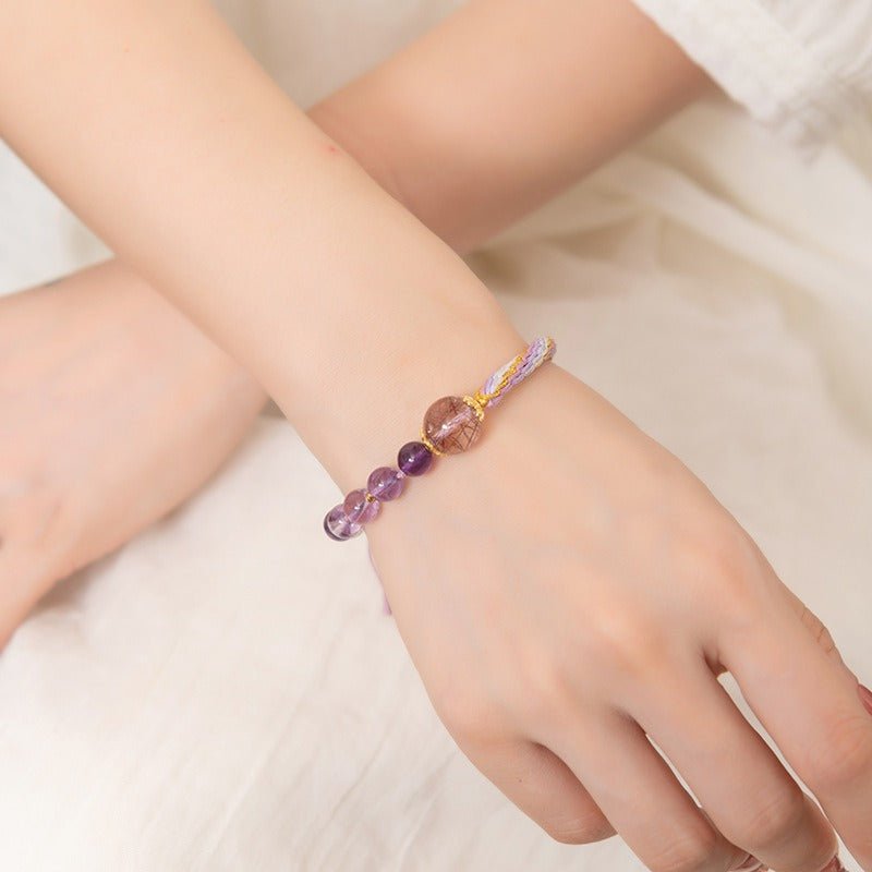Gradient Amethyst &amp; Red Rutilated Quartz Adjustable Bracelet - Good Fortune &amp; Flow - on-wrist