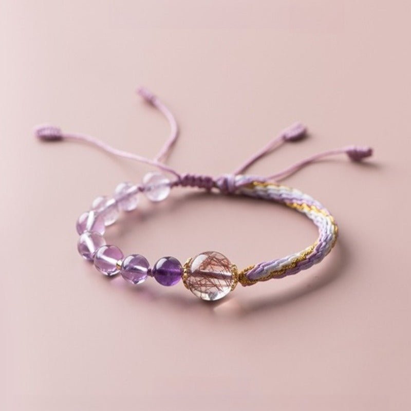 Gradient Amethyst & Red Rutilated Quartz Adjustable Bracelet - Good Fortune & Flow - front view