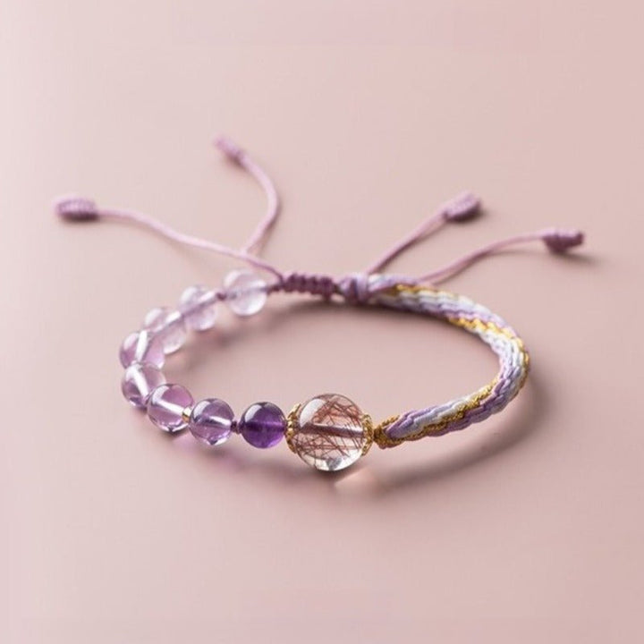 Gradient Amethyst &amp; Red Rutilated Quartz Adjustable Bracelet - Good Fortune &amp; Flow - front view