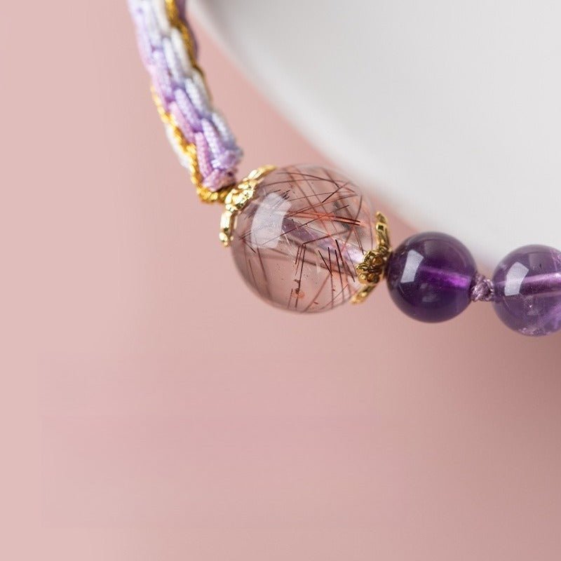 Gradient Amethyst &amp; Red Rutilated Quartz Adjustable Bracelet - Good Fortune &amp; Flow - main bead close up