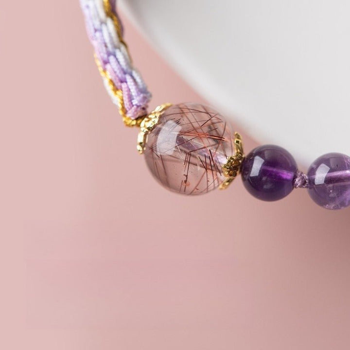 Gradient Amethyst &amp; Red Rutilated Quartz Adjustable Bracelet - Good Fortune &amp; Flow - main bead close up