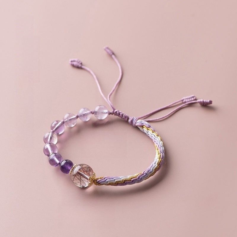 Gradient Amethyst & Red Rutilated Quartz Adjustable Bracelet - Good Fortune & Flow - front view