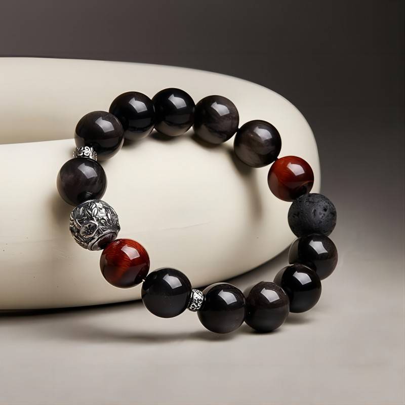 Grounded Confidence Bead Bracelet - Clarity &amp; Resilience - Side view shot with black obsidian tiger eye and volcanic stone