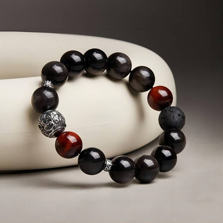 Grounded Confidence Bead Bracelet - Clarity &amp; Resilience - Side view shot with black obsidian tiger eye and volcanic stone