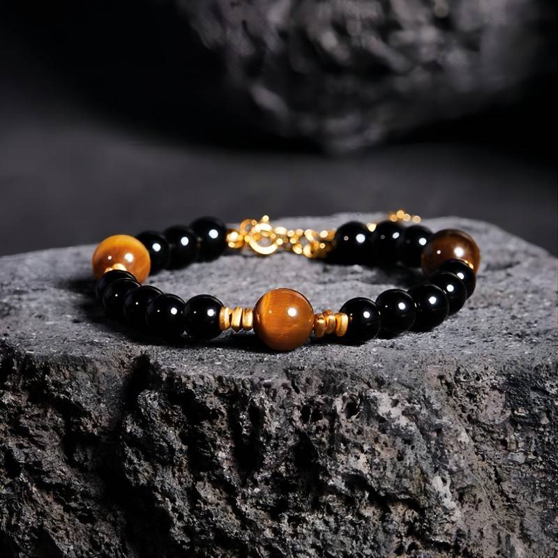 Grounded Confidence Black Obsidian And Tiger Eye Bead Bracelet - Wealth & Protection - prop-styled shot