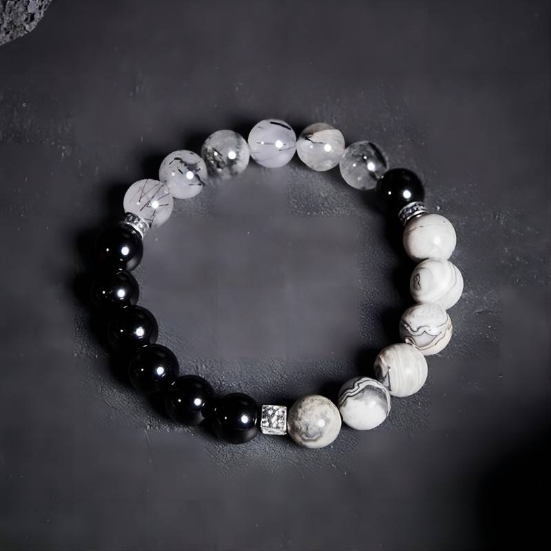 Grounded Confidence Cube Charm Bracele - Top view staged shot of black obsidian black rutilated quartz bracelet