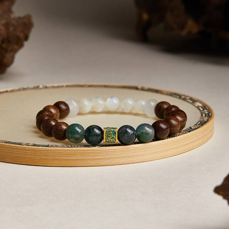 Grounded Harmony Sandalwood And Moss Agate Bead Bracelet - Clarity • Growth • Vitality - front view shot