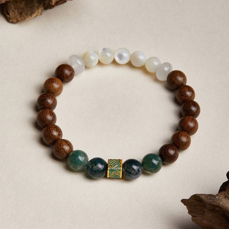 Grounded Harmony Sandalwood And Moss Agate Bead Bracelet - Clarity • Growth • Vitality - top view shot